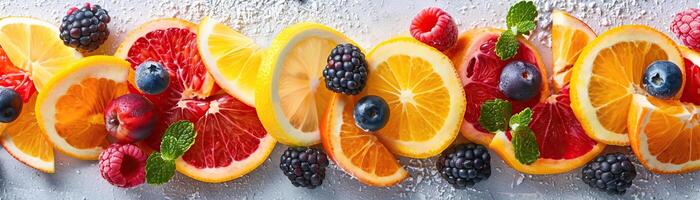 A vibrant, detailed shot of a fruit salad with citrus slices and berries, emphasizing the freshness and natural sweetness, set against a clean, neutral backdrop, extensive space on photo