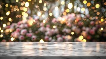 Smooth white marble table foreground with a diffused background of twinkling lights from a rose garden, ideal for a product presentation mockup photo