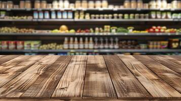 Sleek wooden table foreground with a vibrant background of a well-stocked grocery store, perfect for displaying food products or promotions photo