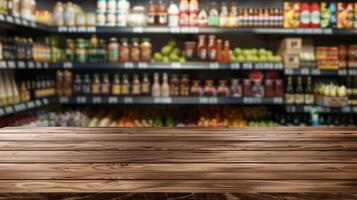 Sleek wooden table foreground with a vibrant background of a well-stocked grocery store, perfect for displaying food products or promotions photo