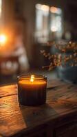 black history month themed 9oz candle, closeup shot, very low angle shot, wooden table, cozy setting photo