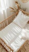 baby crib with white blank bedded bedding from above, charming perspective mockup, charming childish style boho photo