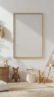 blank wooden picture frame on a white wall in a kids playroom neutral colors photo