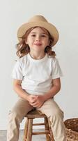 blank unisex Canvas toddler T-shirt Mockup, color white, girl model sitting on a stool wearing khaki pants and a hat photo