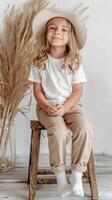 blank unisex Canvas toddler T-shirt Mockup, color white, girl model sitting on a stool wearing khaki pants and a hat photo