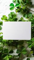 Blank white Card, stock image mockup ready, St Patricks day style, with a macro lens, during the day, with a cozy and comforting photography style photo