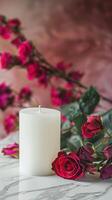 CLOSEUP Mockup white candle with wide blank white label template, on a marble slab, rich red tones, rose flowers, valentine theme, bokeh background photo