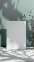 Closeup of a white color 5x7 inches greeting card on log, white background, boho style photo