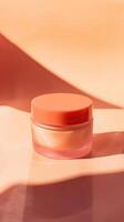 Cosmetics packaging peach color, soft texture, bright light, Morning light photo