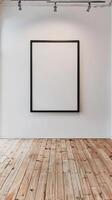 empty blank empty wall with frame on wooden floor, fine black frame, mock up photo