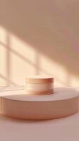 Cosmetics packaging peach color, soft texture, bright light, Morning light photo