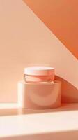 Cosmetics packaging peach color, soft texture, bright light, Morning light photo