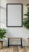 empty blank empty wall with frame on wooden floor, fine black frame, mock up photo