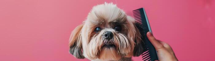 de cerca Disparo de un perro siendo arreglado a un mascota spa, con un atención en el Corte de pelo y peinada, presentando un rosado antecedentes para un alegre ambiente foto