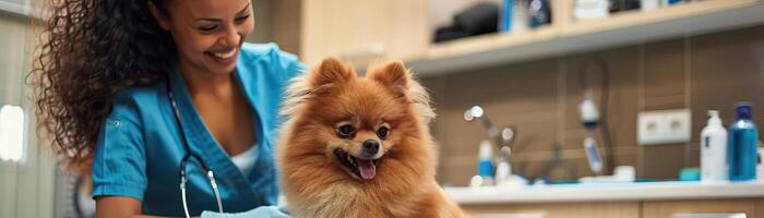 Commercial image of grooming a Spitz Pomeranian in a pet salon, featuring a cheerful groomer and a wellbehaved dog in a professional, brightly lit setting photo