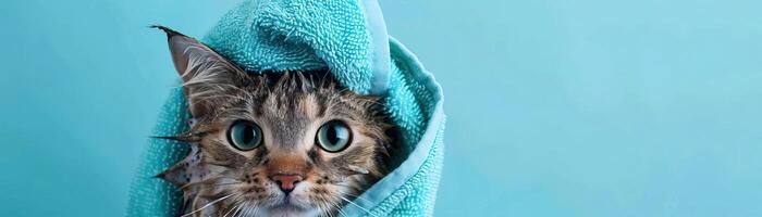 Wet cat wrapped in a blue towel on its head after a bath photo