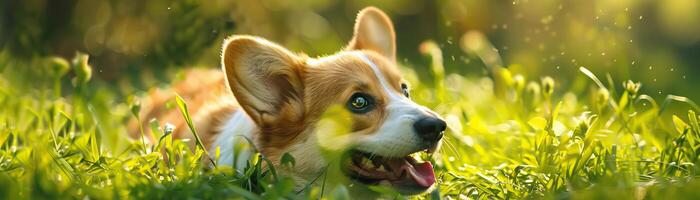 corgi, césped, jugar foto