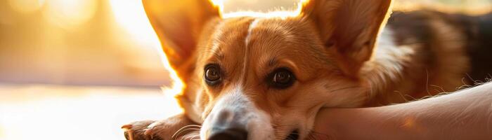 corgi dog being groomed bright natural lighting photo