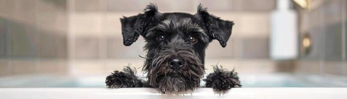 Cute dog portrait black schnauzer mini, featuring their keen sense of smell and gentle temperament, focus on face, bathroom background photo