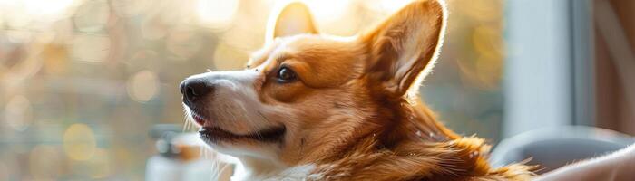 corgi dog being groomed bright natural lighting photo