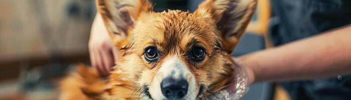 corgi dog being groomed bright natural lighting photo