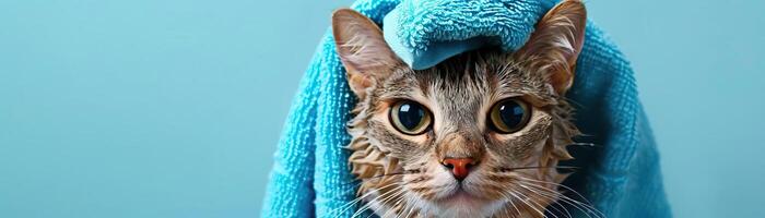 Wet cat wrapped in a blue towel on its head after a bath photo