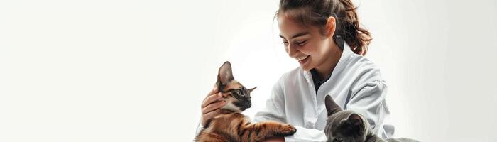 side view of a happy smiling girl veterinarian in white coat playing with a cat and a dog in front of her photo