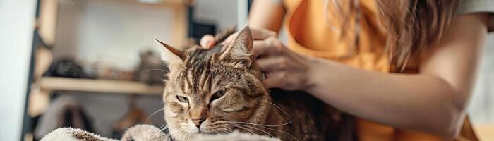 Professional cat grooming session in a pet salon, featuring a calm and content cat being pampered by an experienced groomer in a clean, stylish environment photo