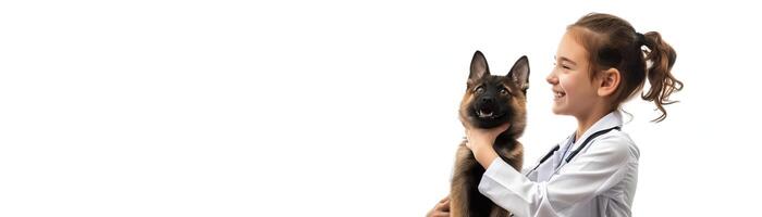 side view of a happy smiling girl veterinarian in white coat playing with a cat and a dog in front of her photo