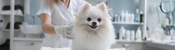 Professional commercial scene of a groomer attending to a fluffy Spitz Pomeranian in a clean, modern pet salon, highlighting the quality of care and services photo