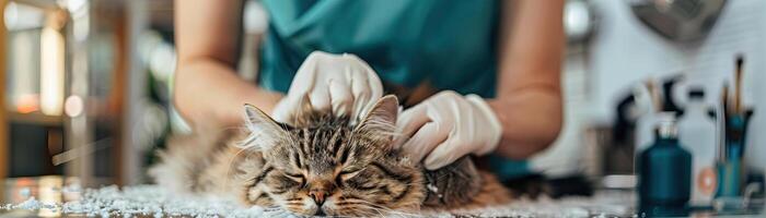 Professional cat grooming session in a pet salon, featuring a calm and content cat being pampered by an experienced groomer in a clean, stylish environment photo