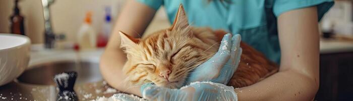 Professional cat grooming session in a pet salon, featuring a calm and content cat being pampered by an experienced groomer in a clean, stylish environment photo