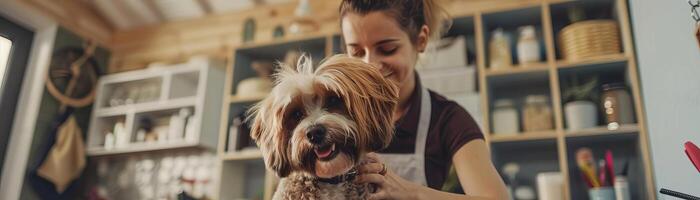 sonriente joven peluquero en delantal guarnición linda peludo perro en mascota salón, ultrarrealista fotografía valores foto