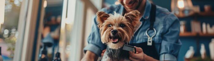 sonriente profesional peluquero participación un peine y aseo un linda pequeño perro en un mascota salón, capturar el cuidado y alegría en un bien iluminado, limpiar ambiente foto