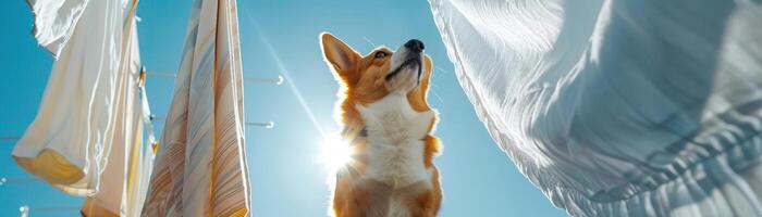 Photographic Imagine Corgi standing with tail raised, standing in an open air environment with pristine flowing sheets on clotheslines On a bright sunny day photo