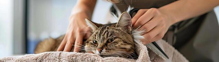 Professional cat grooming session in a pet salon, featuring a calm and content cat being pampered by an experienced groomer in a clean, stylish environment photo