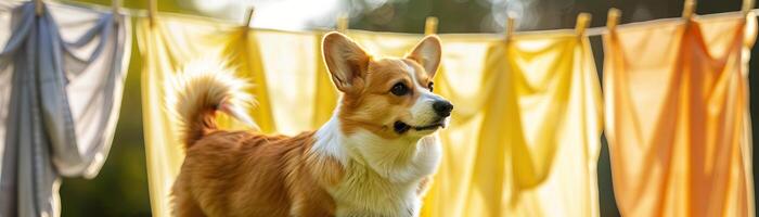 Photographic Imagine Corgi standing with tail raised, standing in an open air environment with pristine flowing sheets on clotheslines On a bright sunny day photo