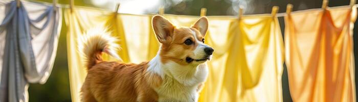 fotográfico imagina corgi en pie con cola aumentó, en pie en un abierto aire ambiente con prístino fluido hojas en tendederos en un brillante soleado día foto