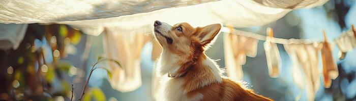 Photographic Imagine Corgi standing with tail raised, standing in an open air environment with pristine flowing sheets on clotheslines On a bright sunny day photo