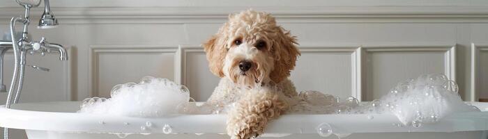 light goldendoodle in white Cambridge cast iron doubleended clawfoot tub photo