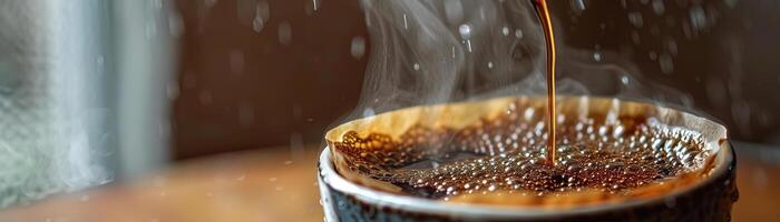 A vibrant, detailed shot of coffee dripping through a metal filter, emphasizing the clarity of the drip and the steam, set against a clean, neutral backdrop, extensive space on the photo