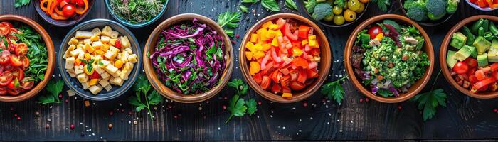 A vibrant overhead shot of a rustic wooden table filled with bowls of colorful salads including Caesar, Greek, and a quinoa vegetable mix, ample space on the right for text. photo