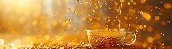 un vibrante, iluminado lateralmente Disparo enfatizando el dorado gotas de café como ellos goteo dentro un vaso servidor, conjunto en contra un sencillo fondo, extenso panorámico espacio encima para Copiar. foto