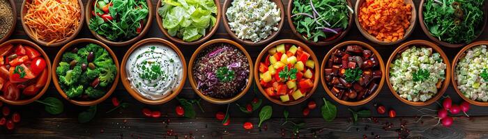 A vibrant overhead shot of a rustic wooden table filled with bowls of colorful salads including Caesar, Greek, and a quinoa vegetable mix, ample space on the right for text. photo