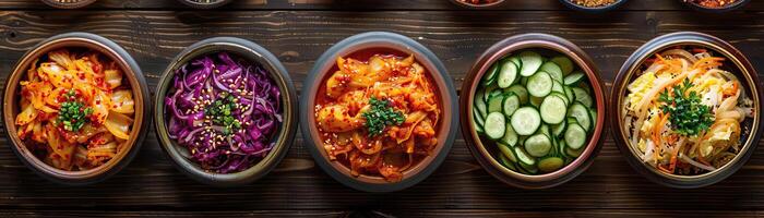 A vibrant overhead shot of a wooden table filled with various bowls of kimchi, including traditional napa cabbage, radish, and cucumber, ample space on the right for text. photo