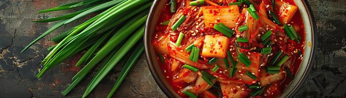 A vibrant, side-lit shot emphasizing the rich reds and greens of traditional and green onion kimchi, set against a simple backdrop, extensive panoramic space above for copy. photo