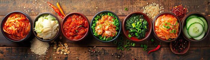 A vibrant overhead shot of a wooden table filled with various bowls of kimchi, including traditional napa cabbage, radish, and cucumber, ample space on the right for text. photo