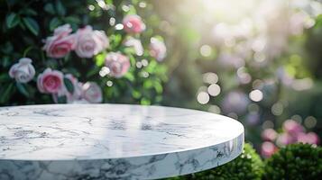 Pure white marble display table with a romantic bokeh effect from a rose garden in the background, ideal for high-end product mockups photo