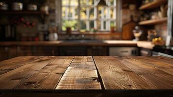 Rustic wooden table set against a kitchen backdrop, ideal for food photography and kitchen product showcases, with a blur enhancing the room's ambiance photo