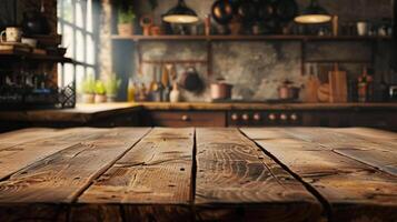 Rustic wooden table set against a kitchen backdrop, ideal for food photography and kitchen product showcases, with a blur enhancing the room's ambiance photo